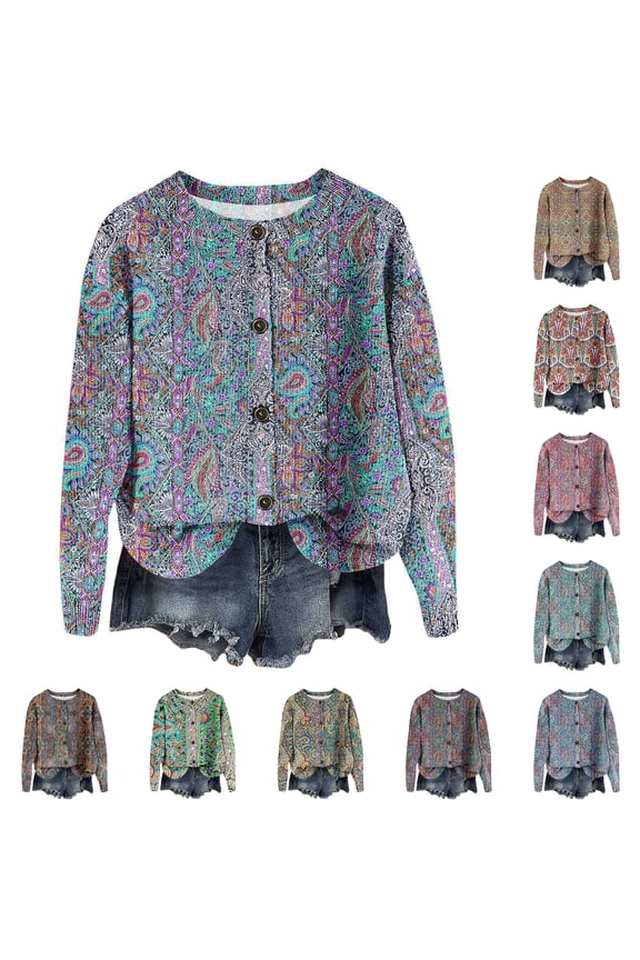 Women's Vintage Knit Button Vintage Print Cardigan Jacket for Fall and Winter, Classic Look, Winter Clothes for Women,Light Gray,S