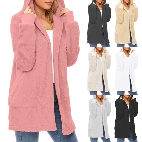 Women's Casual Fleece Lined Hooded Cardigan Solid Color Long Sleeved Coat for Fall and Winter, Warm and Comfortable, Winter Clothes for Women,Pink,M