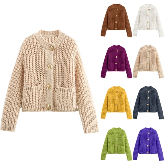 Women's Solid Color Coarse Needle Pocket Button Knit Cardigan Long Sleeved Sweater Jacket for Fall and Winter, Casual Wear, Winter Clothes for Women,Camel,One Size
