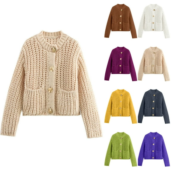 Women's Solid Color Coarse Needle Pocket Button Knit Cardigan Long Sleeved Sweater Jacket for Fall and Winter, Casual Wear, Winter Clothes for Women,Purple,One Size