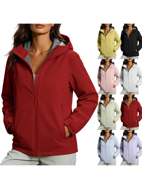 Outerwear Jackets for Women, YABCSAZ Unisex Windbreaker Jacket Windproof Waterproof Outdoor Casual Loose Fit Hiking Versatile Zip-Up Coat, Red