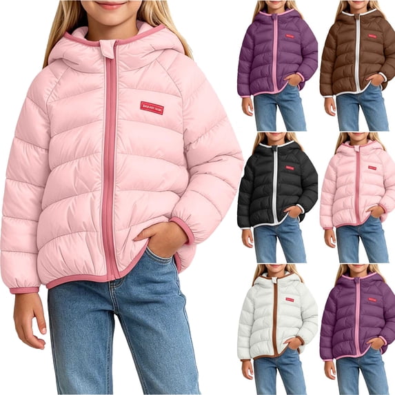 Outerwear for School And Outdoor Activities Girls Hooded Puffer Jacket Color Block Zip Up Windproof Casual Warm Outerwear Coat for Kids Pink 3-4 Years