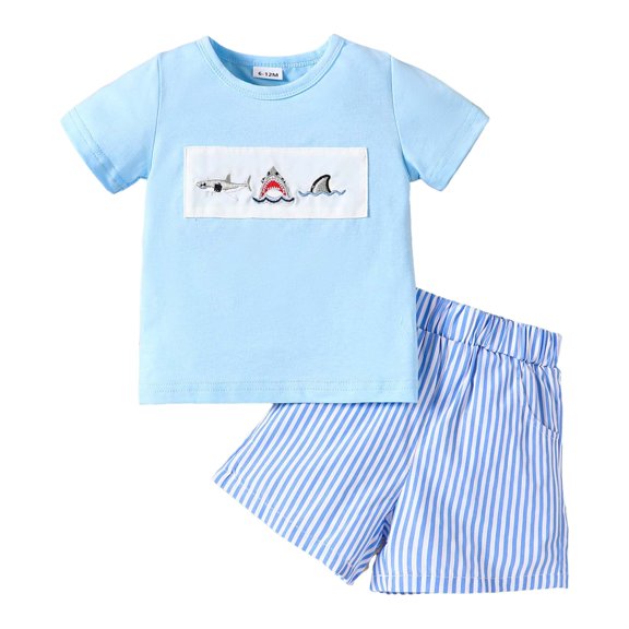 Outfit Baby Boy Elastic Waist Crewneck Shirt Short Sleeve Summer Shorts Set 2 Piece Outfit Toddler Stripe Clothes for 2t 3t Boys Matching Toddlers