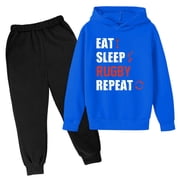 Outfit for Boys 10-12 Winter Sweatshirt Letter Printed Hoodie Pants Childrens Casual Two Piece Fashion Trend American Football Fans Sports Rugby Player Sports Gift Blue, 11-12 Years