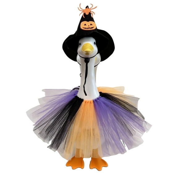 Outfit Clothes Set For 23 Inch Cement Geese, Pumpkin Pattern Hat And Cape With Colorful Tulle Skirt, Easy To Dress Up Outdoor Garden Statues Decoration