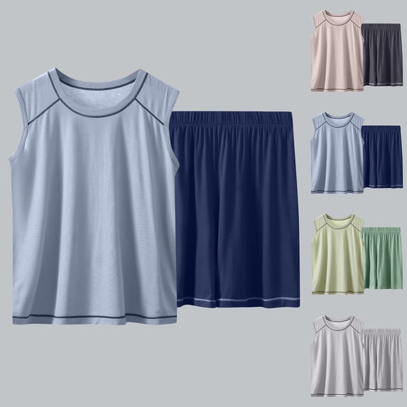 Outfit With Lightweight Breathable Fabric Children's Solid Color Sleeveless Elastic Waist Shorts Mid Size Children's Summer Casual Home Suit Set Blue 5 Years