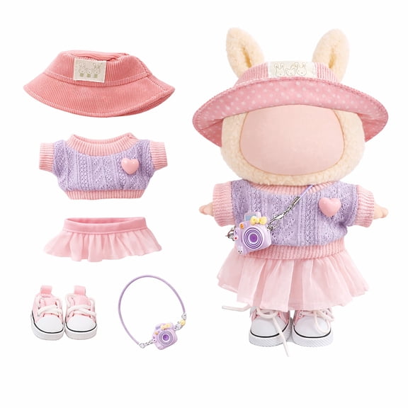 Outfit Set for 15–17cm Plush Dolls, 5-Piece Clothing Accessories Set, Collector Display Use (Pink)