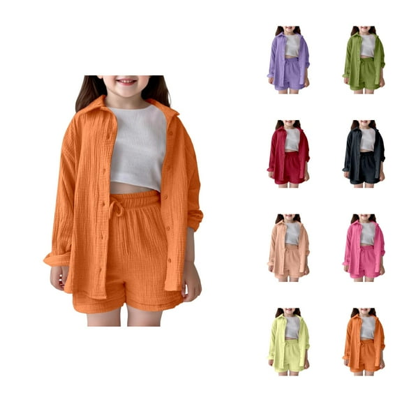 Outfit Sets for Girls Girls' Clothing Sets Girls Outfits & Sets Casual Playwear School Summer Fall Spring Toddler Kids Shirt Shorts Set Comfortable Pure Color Turn Down Collar Elastic Waist