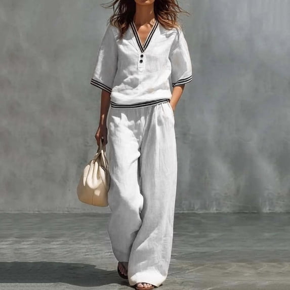 Outfit Sets for Women 2 Piece Sets Summer Outfits Casual V Neck Striped Patchwork Short Sleeved Tops and Loose Comfortable Straight Leg Pants Set Beach Vacation Travel Outfits