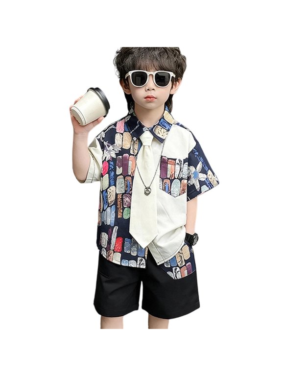 Outfit Sets for Boys Cool Short Sleeve Shirt Shorts Necktie Three Piece Kids Party Photography Clothes