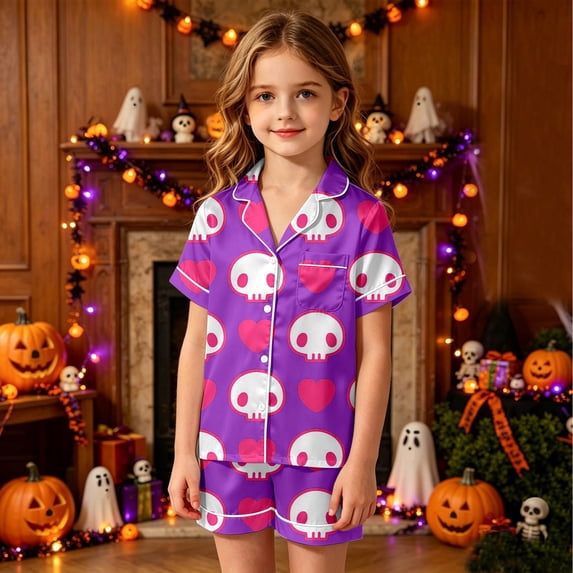 Outfit Sets for Girls Halloween All Over Print Collar Short Sleeve Top Shorts Loungewear 2 Piece Outfits Size 12-13Y