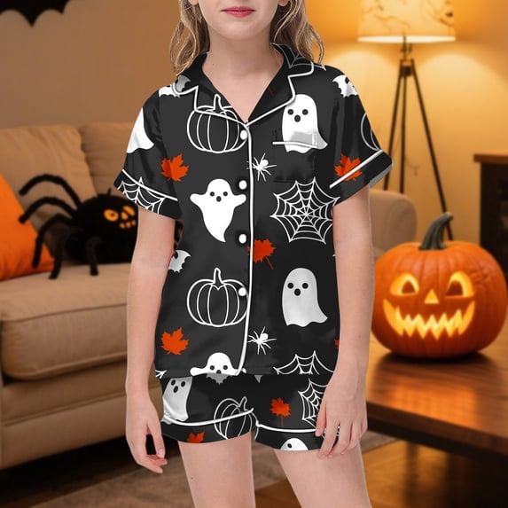 Outfit Sets for Girls Halloween Elements Pattern Print Short Sleeve Shirt Shorts 2 Piece Outfits Size 2-3Y