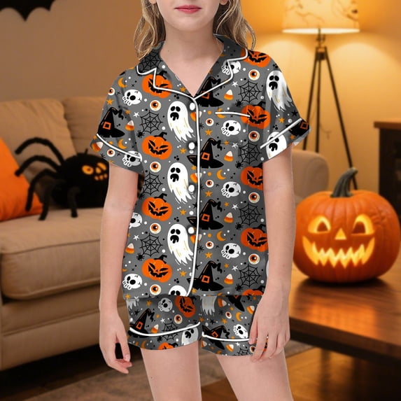 Outfit Sets for Girls Pumpkin Elements Print Short Sleeve Shirt Shorts 2 Piece Outfits Size 2-3Y