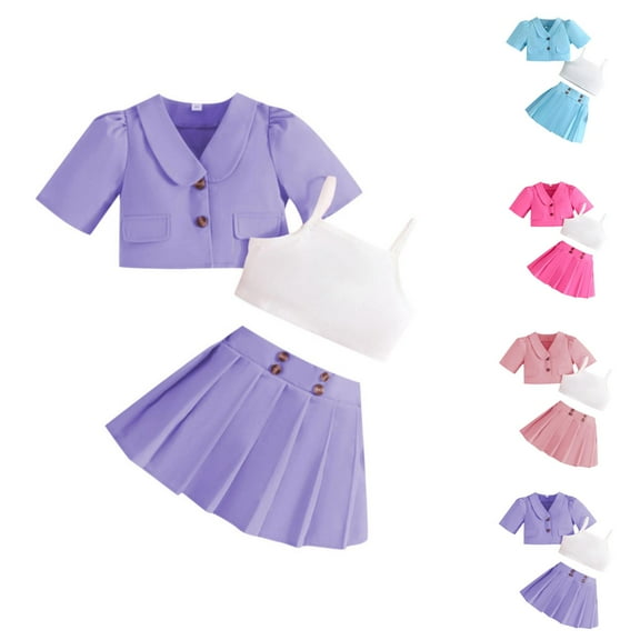 Outfit Sets for Girls Sets for Girls Toddler Kids Girls Summer Clothes Solid Short Sleeve Coat Suit Camisole Crop Tops Skirt Outfits 3Pcs Set