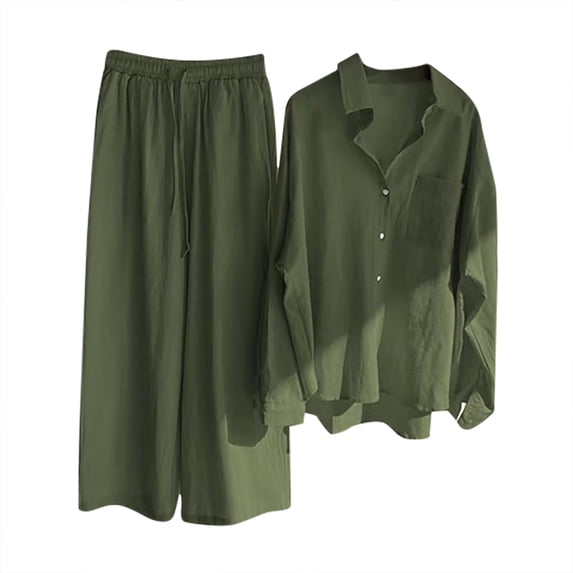 Outfit Sets for Women 2 Piece Lounge Set Casual Button Long Sleeve Shirts and Wide Leg Pants Outfit Tracksuit