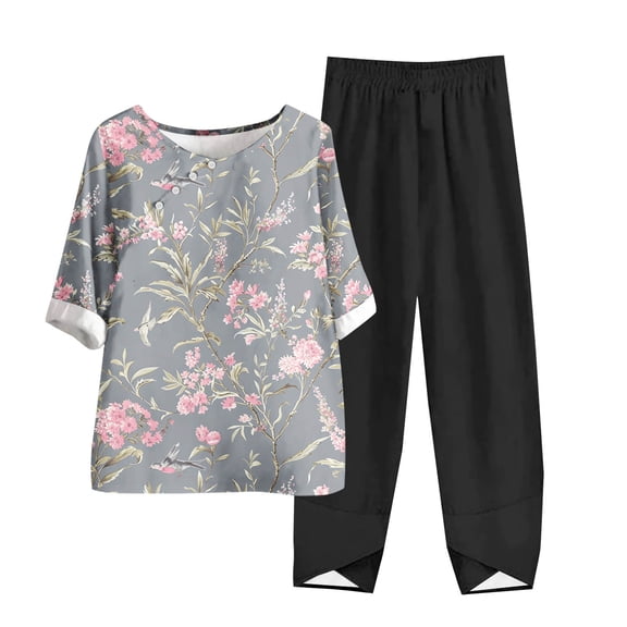 Outfit Sets for Women Casual Round Neck 5/4 Sleeve Top and Pants Digital Printing Two Piece Set