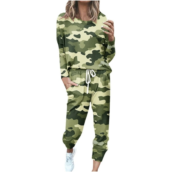 Outfit Sets for Women Classic Casual Print Long Sleeve Top Sport Pullover and Long Pants Two Piece Set