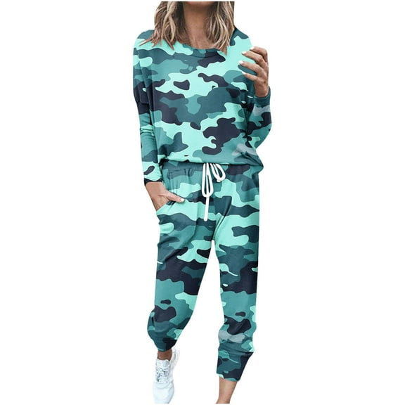 Outfit Sets for Women Classic Casual Print Long Sleeve Top Sport Pullover and Long Pants Two Piece Set