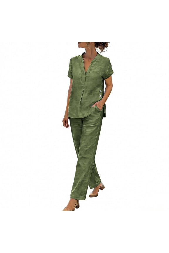 Outfit Sets for Women Plus Size 2 piece Linen V-Neck Short Sleeve Top and Palazzo Pants with Pockets