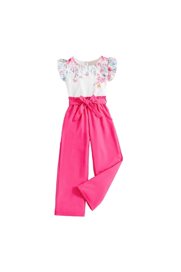 Outfit for Girls 10-12 2024 Summer Girls' Clothing New Children's Clothing For 8 12 Years Old Flying Sleeve Top And Pants Suit Hot Pink, 8-9 Years