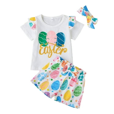 Outfit for Girls 10-12 Toddler Girls Short Sleeve Easter Cartoon Prints T Shirt Tops Shorts Headbands Outfits White, 3-4 Years