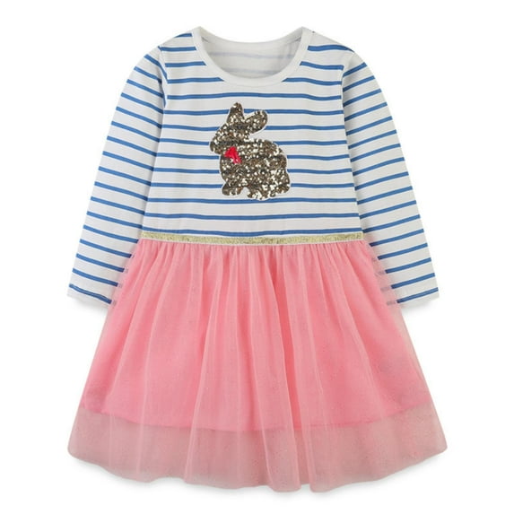 Outfit for Girls 2 to 7Y Baby Kids Spring Fall Long Sleeve Sequined Rabbit Cartoon Printed Striped Mesh Dress