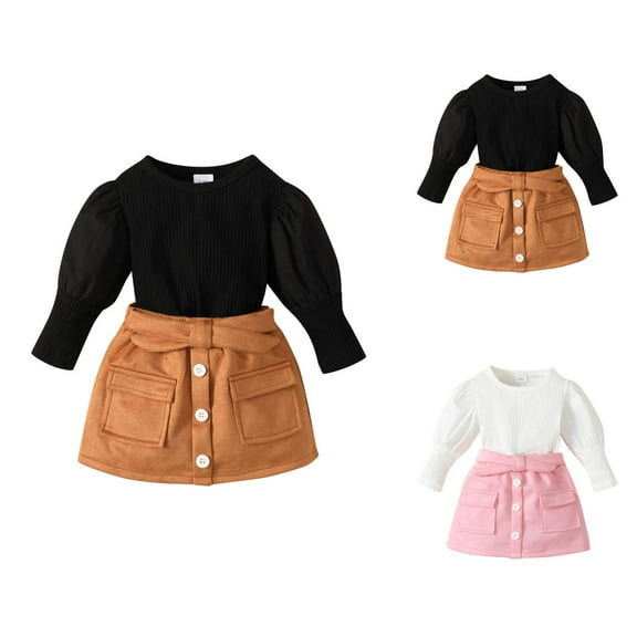 Outfit for Girls Girl Sets Kids Baby Girls Long Bubble Sleeve Ribbed Solid Sweater Tops Blouse Patchwork Skirt Outfit Clothes Set 2PCS