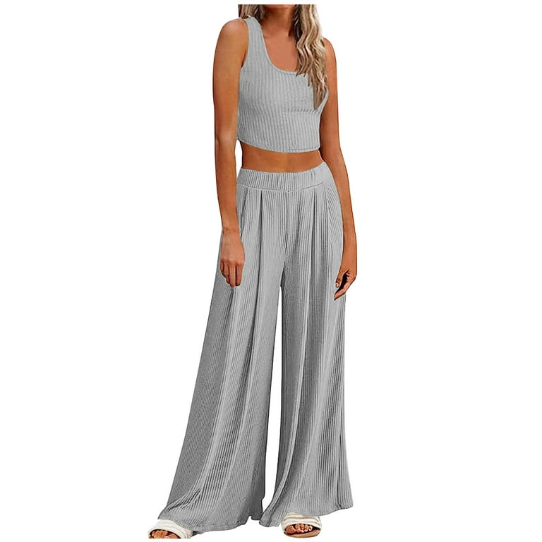 Outfit for Women Sumemr Comfy 2 Piece Set Solid Knitted Sleeveless Crop  Tops Elastic Waist Wide Leg Casual Palazzo Pants Homewear Suit(M,Gray)
