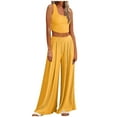 thumbnail image 1 of Outfit for Women Sumemr Comfy 2 Piece Set Solid Knitted Sleeveless Crop Tops Elastic Waist Wide Leg Casual Palazzo Pants Homewear Suit(XL,Yellow), 1 of 6