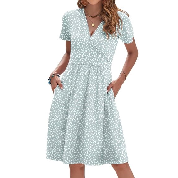 OutfitShow Women Summer Short Sleeve V Neck Floral Empire Waist Dress with Pockets
