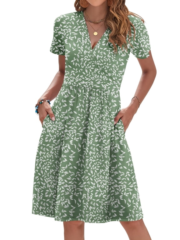 Women Summer Short Sleeve V Neck Floral Pocket Wrap Dress
