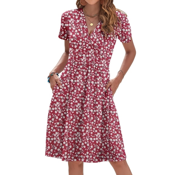 OutfitShow Women Summer Short Sleeve V Neck Floral Empire Waist Dress with Pockets