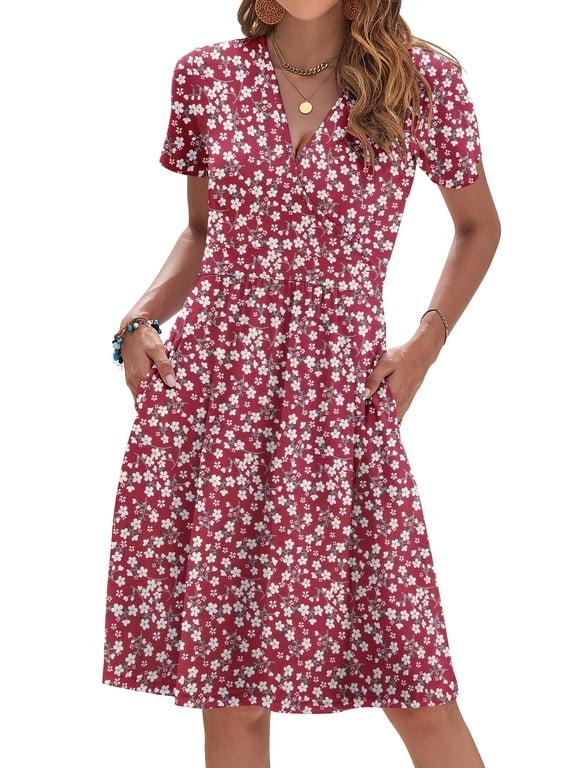 Women Summer Short Sleeve V Neck Floral Pocket Wrap Dress