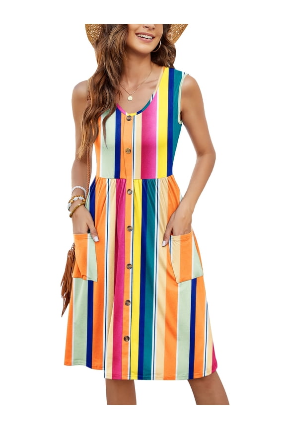 Women Summer Dresses V Neck Sleeveless Casual Flowy Sundresses Button Floral Midi Dress with Pockets