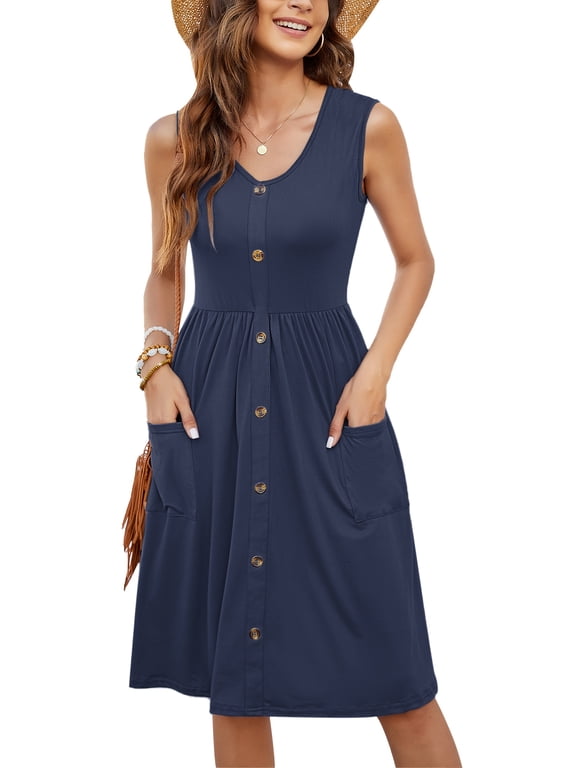 Women Summer Dresses V Neck Sleeveless Casual Flowy Sundresses Button Floral Midi Dress with Pockets