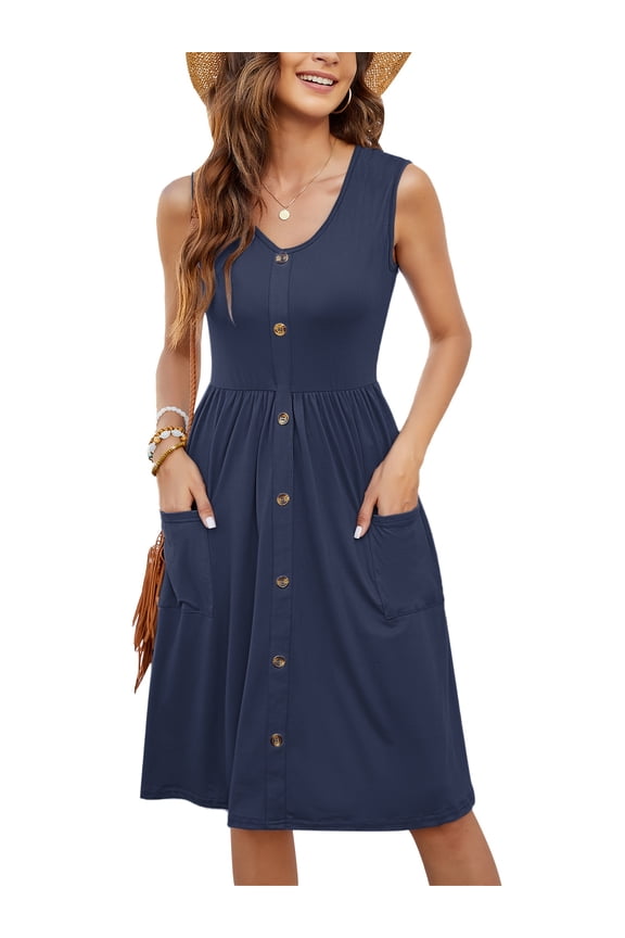 Women Summer Dresses V Neck Sleeveless Casual Flowy Sundresses Button Floral Midi Dress with Pockets