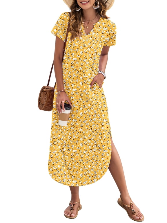 Women Maxi Dress with Pockets Casual Short Sleeve V-Neck Summer Dress