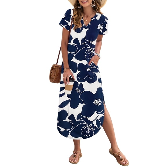 OutfitShow Women Maxi Dress with Pockets Casual Short Sleeve V-Neck Summer Dress