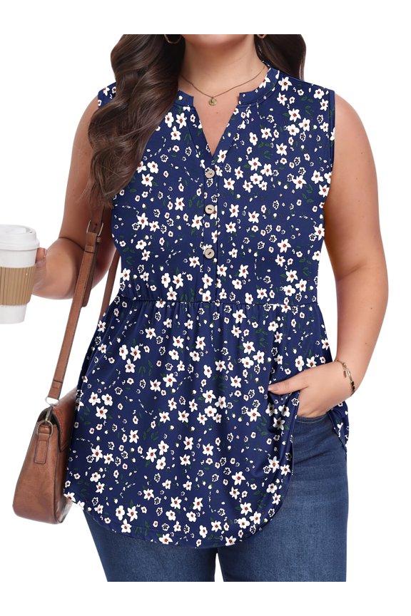 Women Plus Size Sleeveless V-Neck Blouses with Button