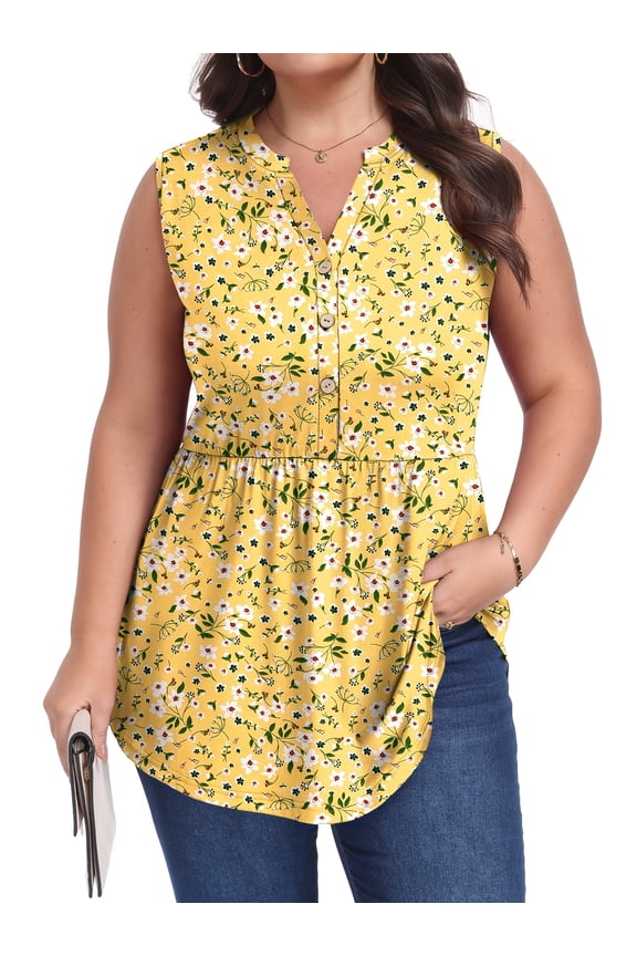 Women Plus Size Blouse, Casual V Neck Sleeveless Shirt Pleated Button Tunic Top