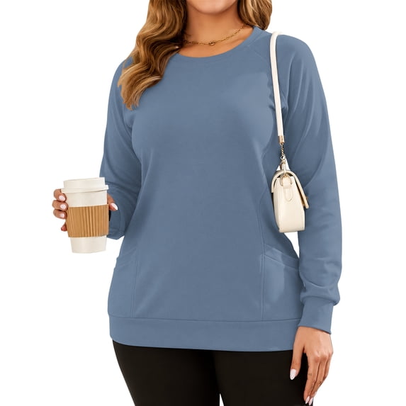 OutfitShow Plus Size Sweatshirts for Women Crewneck Long Sleeve Casual Tunic Tops Lightweight Pullover with Pockets,S-5XL