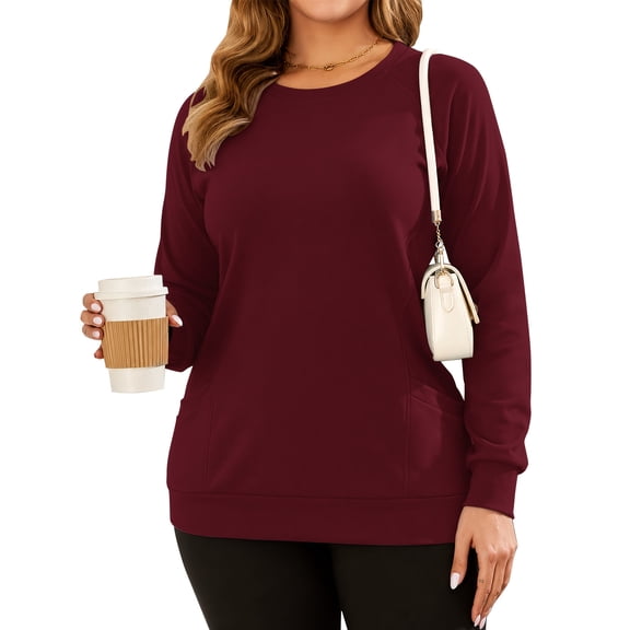 OutfitShow Plus Size Sweatshirts for Women Crewneck Long Sleeve Casual Tunic Tops Lightweight Pullover with Pockets,S-5XL