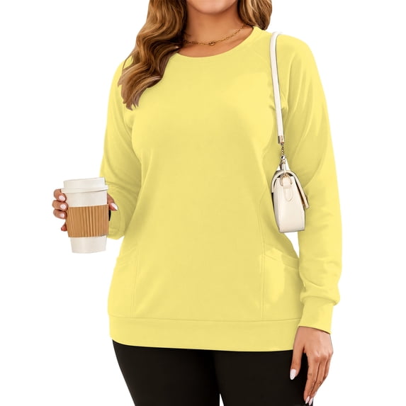 OutfitShow Plus Size Sweatshirts for Women Crewneck Long Sleeve Casual Tunic Tops Lightweight Pullover with Pockets,S-5XL
