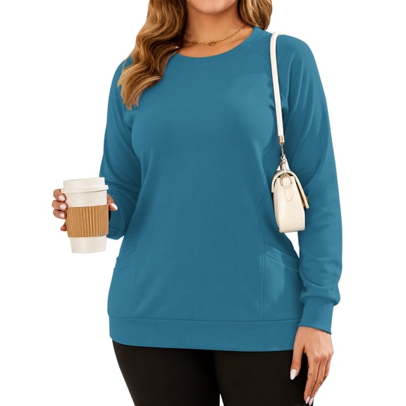 OutfitShow Plus Size Sweatshirts for Women Crewneck Long Sleeve Casual Tunic Tops Lightweight Pullover with Pockets,S-5XL