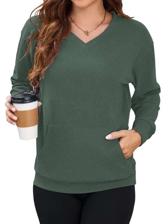Womens Long Sleeve Sweatshirt Casual Fall V Neck Pullover Tops with Pockets,Sizes S-3XL