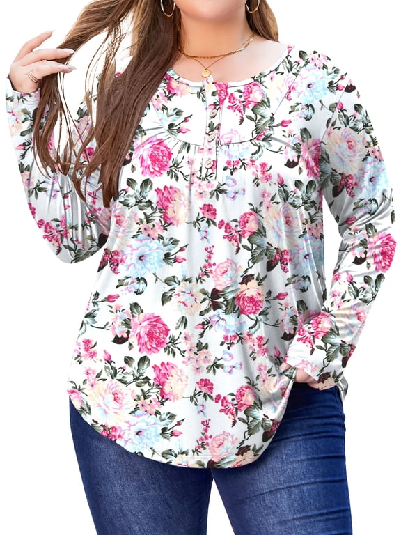 Women Plus Size Tops Long Sleeve Pleated Button up Henley Blouse