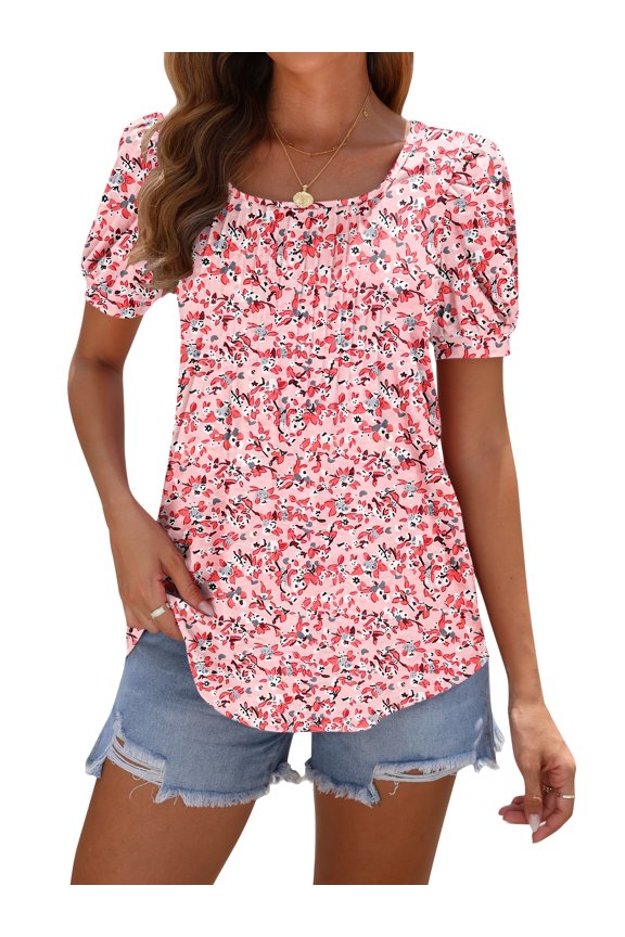Women Square Neck Short Sleeve Blouse Ruffled Waist Tie Summer Casual Top