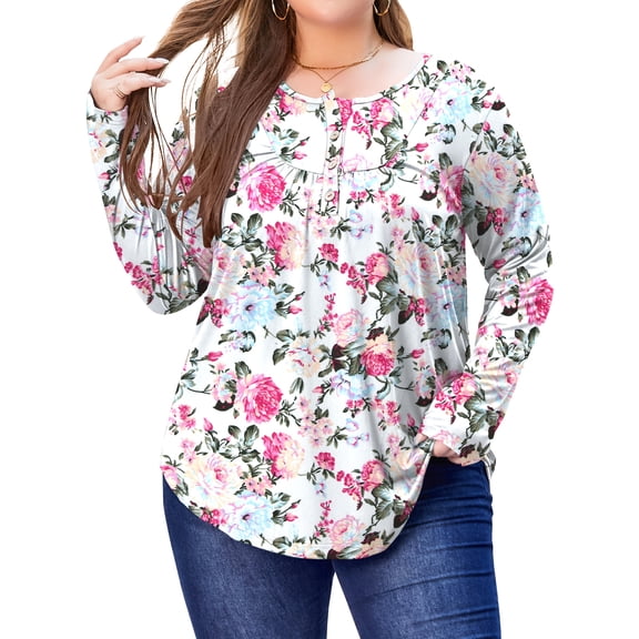 OutfitShow Women Plus Size Tops Long Sleeve Pleated Button up Henley Blouse