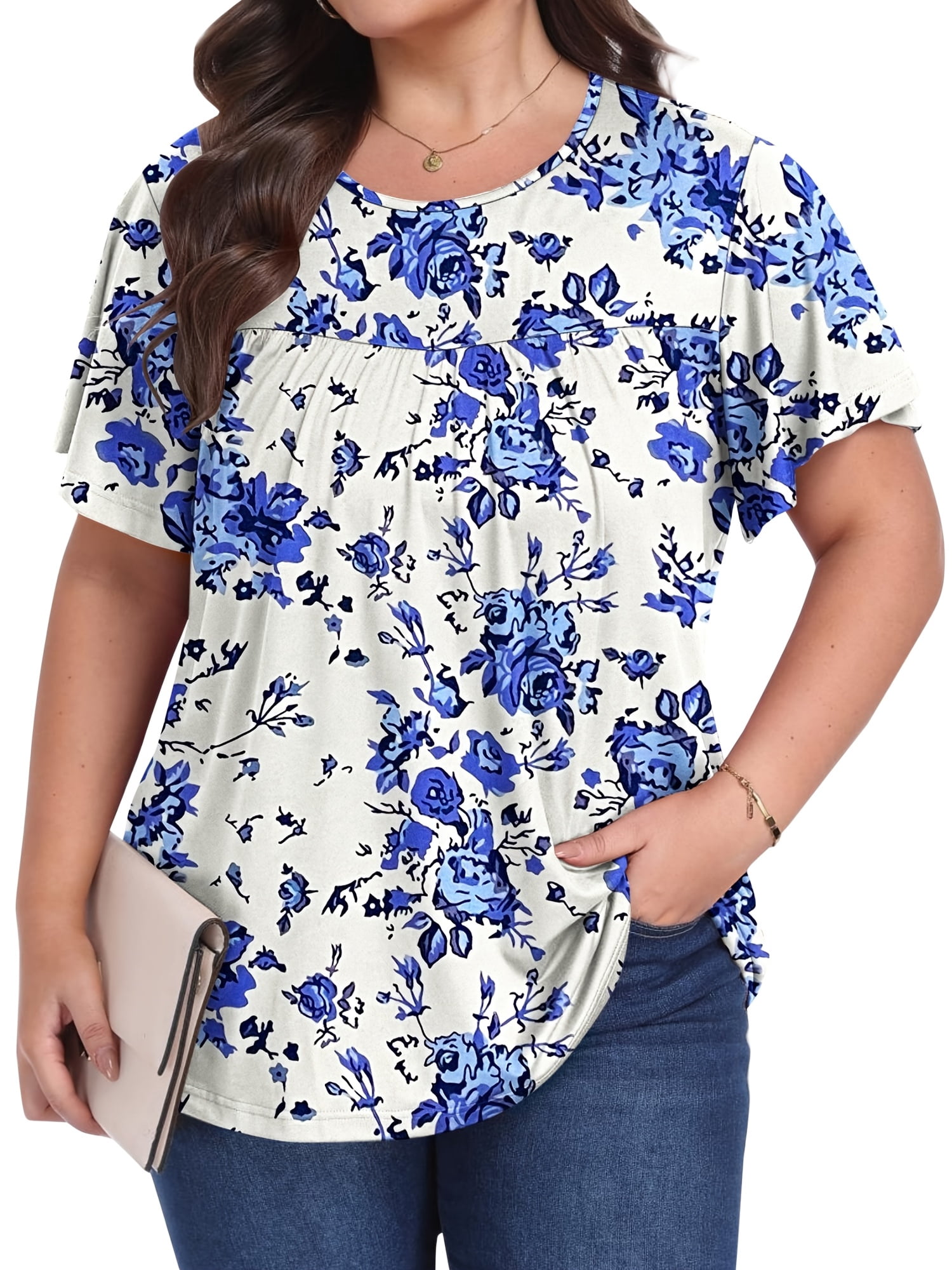 OutfitShow Plus Size Womens Floral Tunic Tops Casual Crewneck Short ...