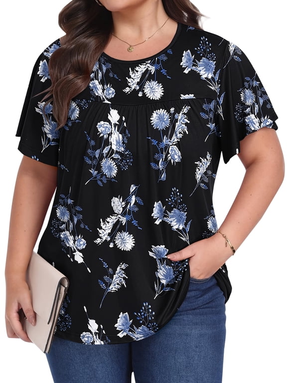 Plus Size Womens Floral Tunic Tops Casual Crewneck Short Sleeve Blouses for Summer